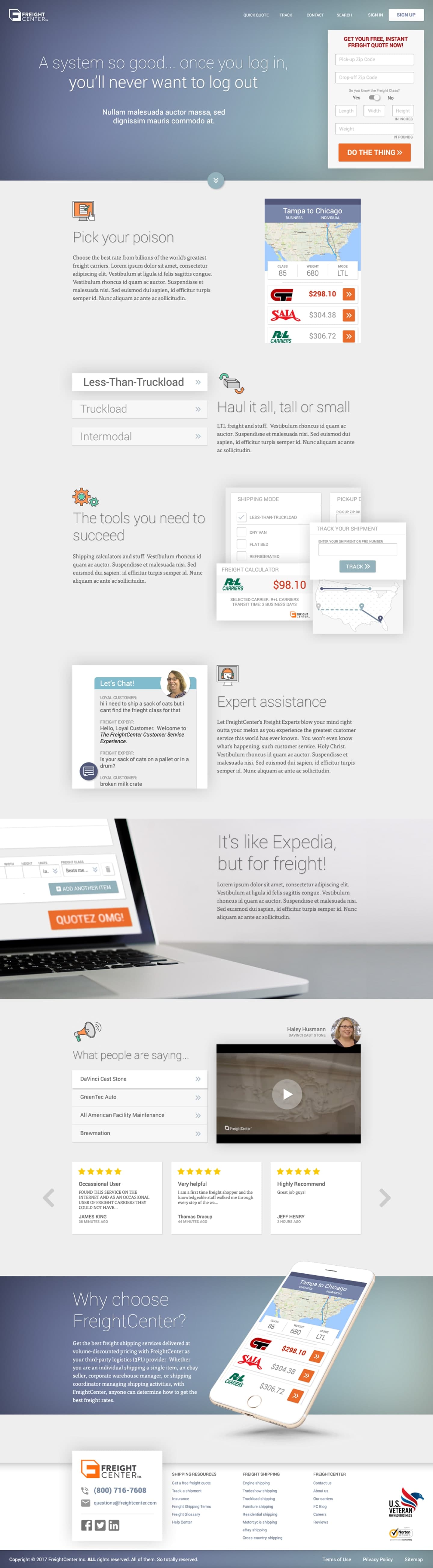 A light blue mock-up of a potential website for FreightCenter.