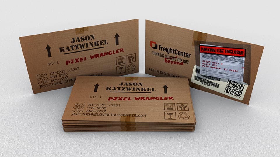 A flat business card that looks like the side of a shipping box.