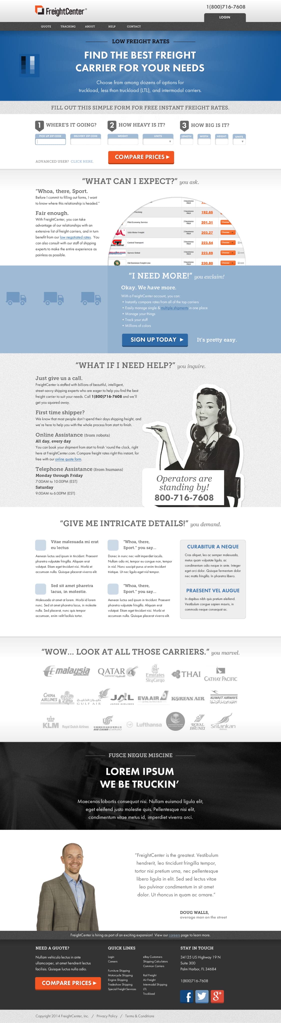 A darker blue with a more traditional-print aesthetic mock-up of a potential website for FreightCenter.