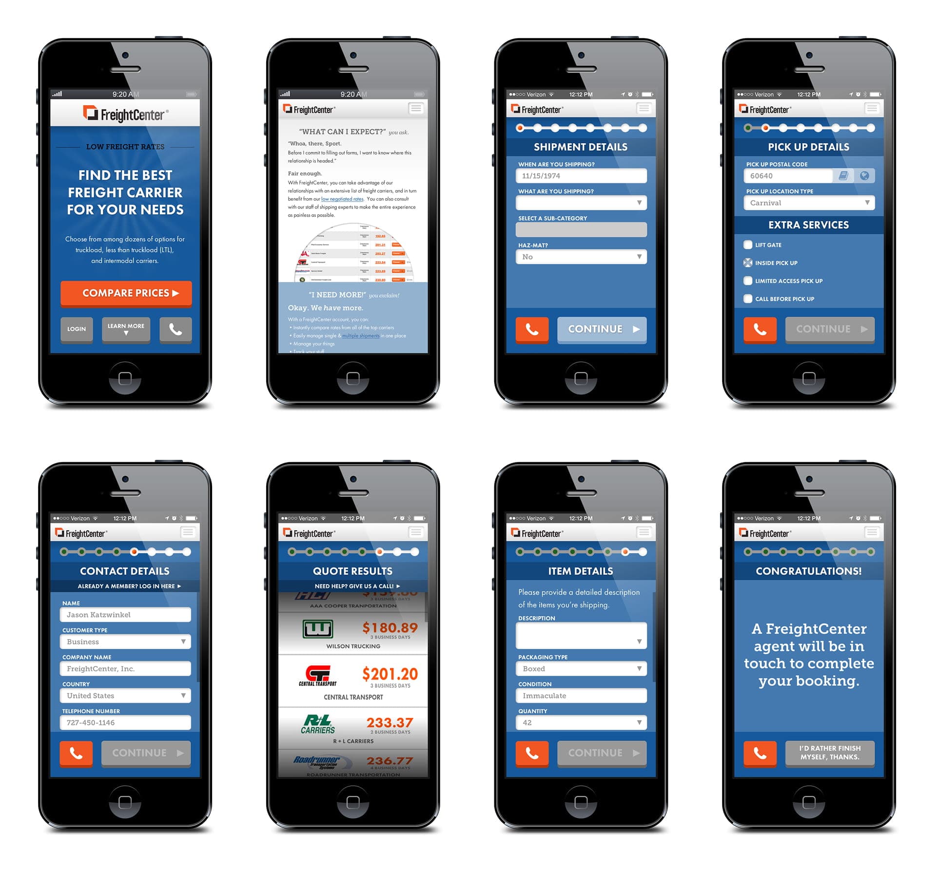 Eight mobile phone mock-ups of the freight process for FreightCenter, screen-by-screen.
