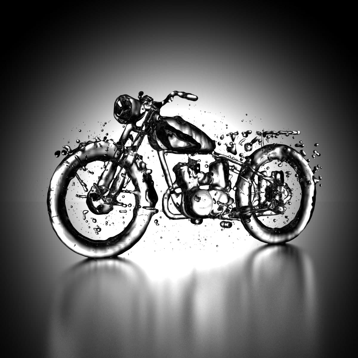 One frame 3D fluid simulation of a motorcycle as it starts to collapse.